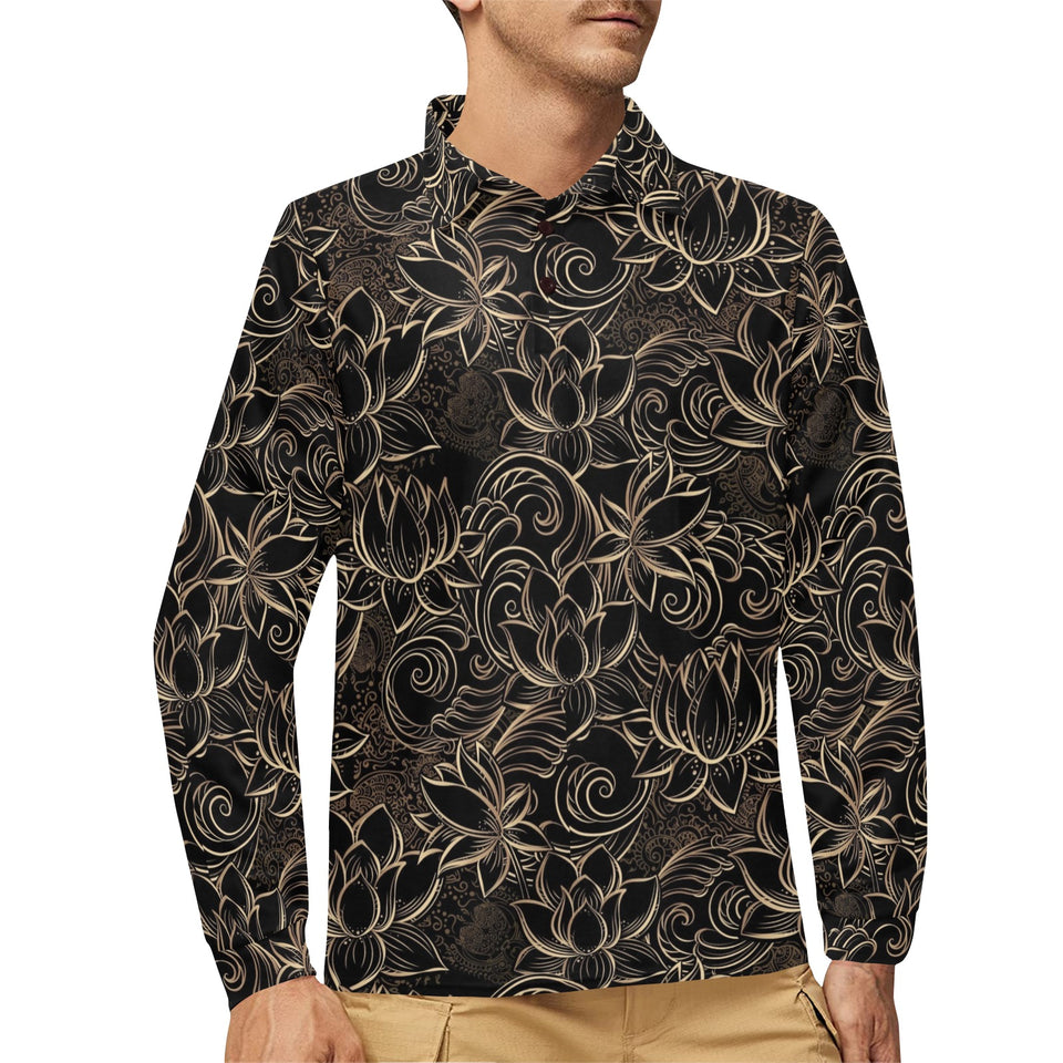 luxurious gold lotus waterlily black background Men's Long Sleeve Polo Shirt