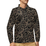 luxurious gold lotus waterlily black background Men's Long Sleeve Polo Shirt