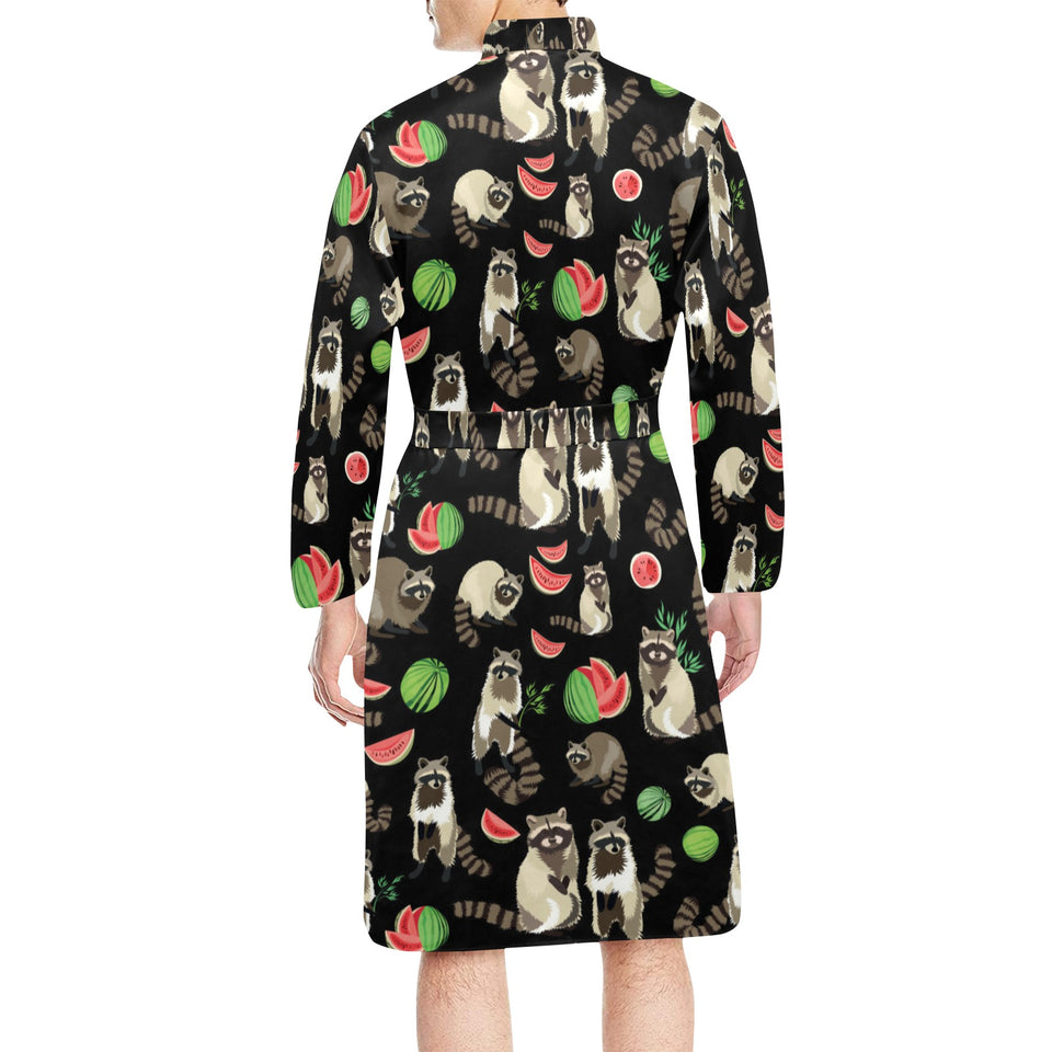 Raccoon watermelon pattern Men's Long Sleeve Belted Night Robe