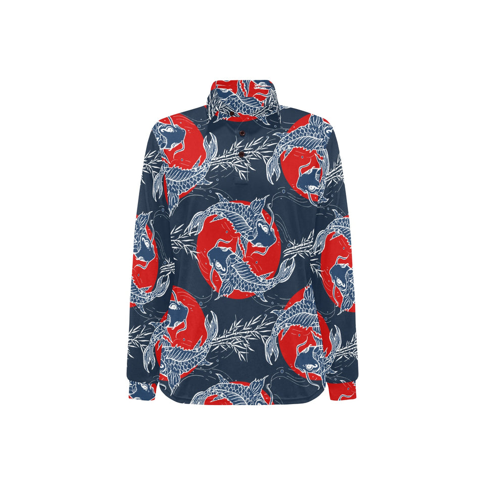 Koi Fish Carp Fishs hand drawn japanese art Women's Long Sleeve Polo Shirt