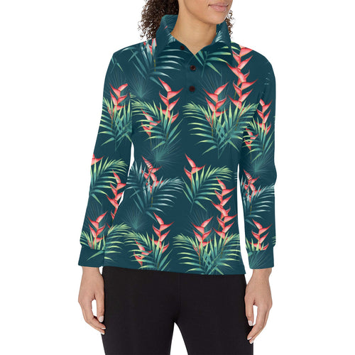 heliconia flowers, palm and monstera leaves on bla Women's Long Sleeve Polo Shirt