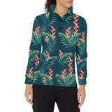 heliconia flowers, palm and monstera leaves on bla Women's Long Sleeve Polo Shirt