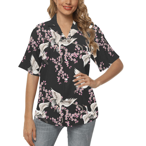 Japanese crane pink sakura pattern Women's All Over Print Hawaiian Shirt