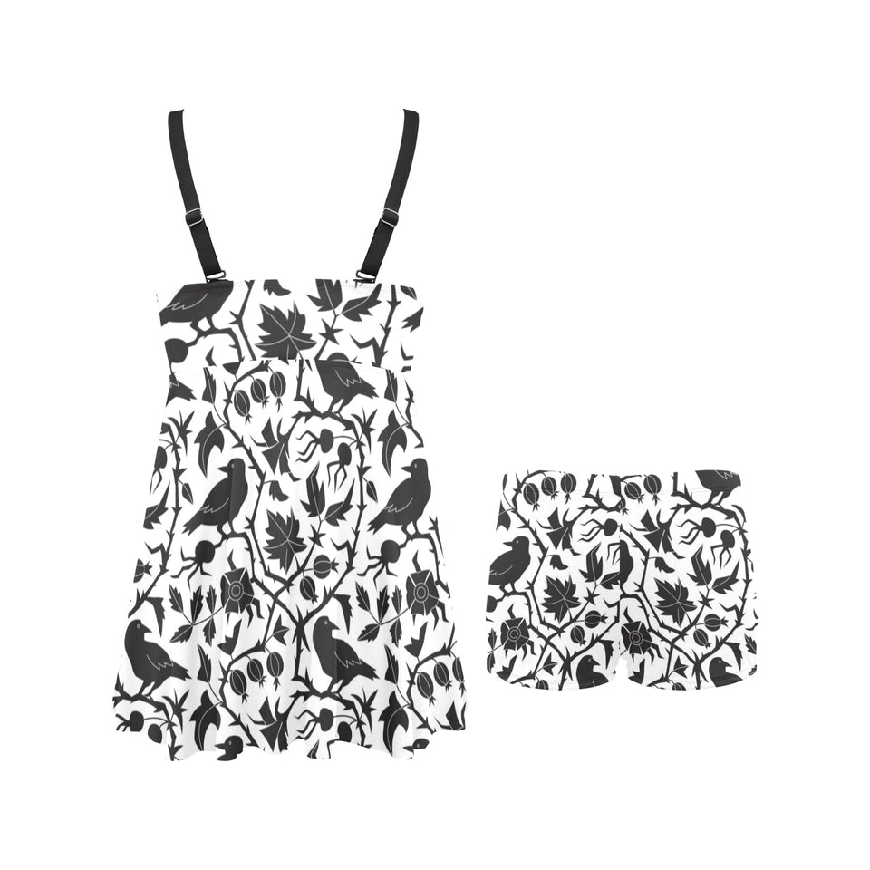 Crow dark floral pattern Chest Sexy Pleated Two Piece Swim Dress