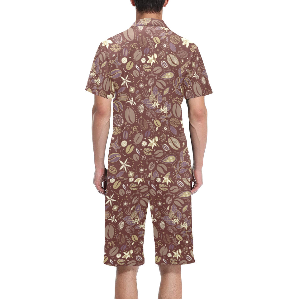 Coffee bean flower pattern Men's V-Neck Short Pajama Set