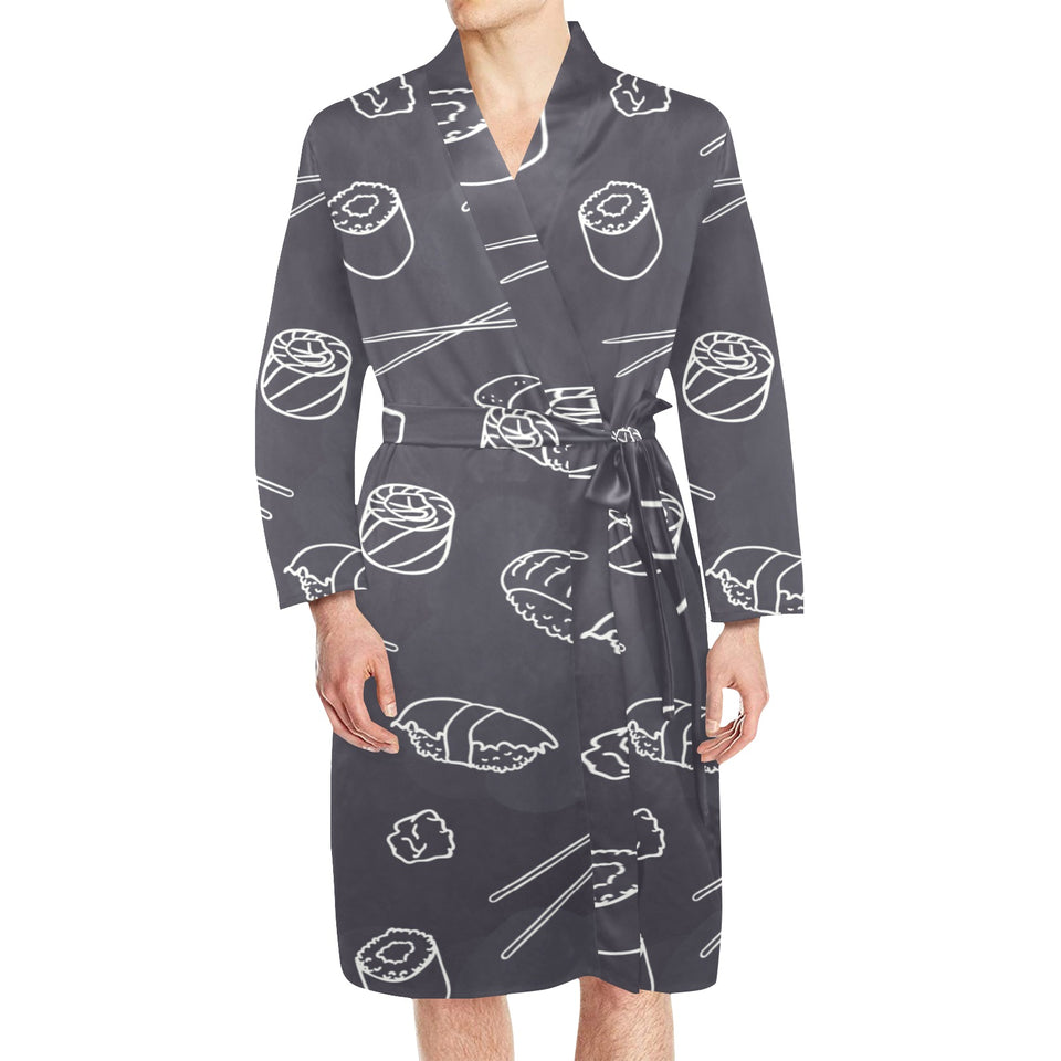 sushi pattern black background Men's Long Sleeve Belted Night Robe