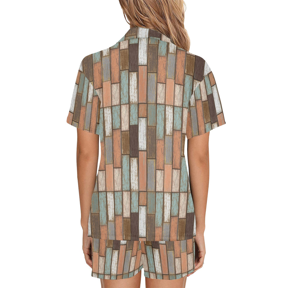 Wood Printed Pattern Print Design 02 Women's V-Neck Short Pajama Set