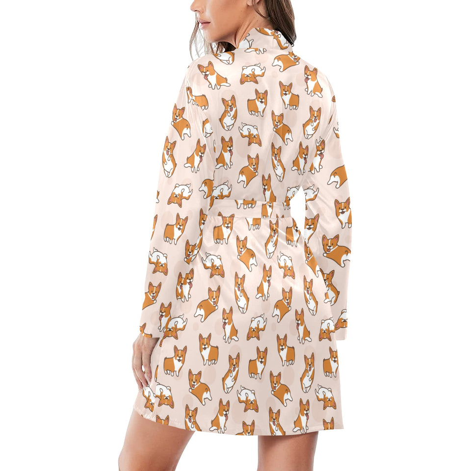 Cute Corgis Pattern pink background Women's Long Sleeve Belted Night Robe