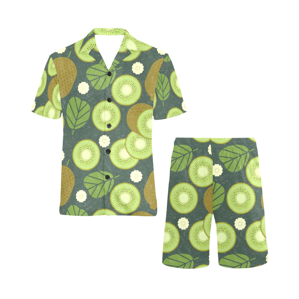 Whole sliced kiwi leave and flower Men's V-Neck Short Pajama Set