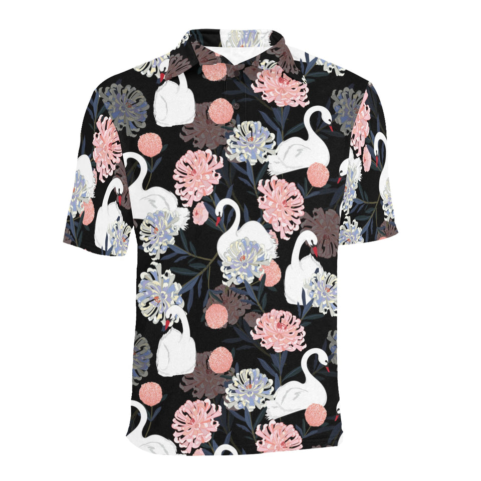 white swan blooming flower pattern Men's All Over Print Polo Shirt