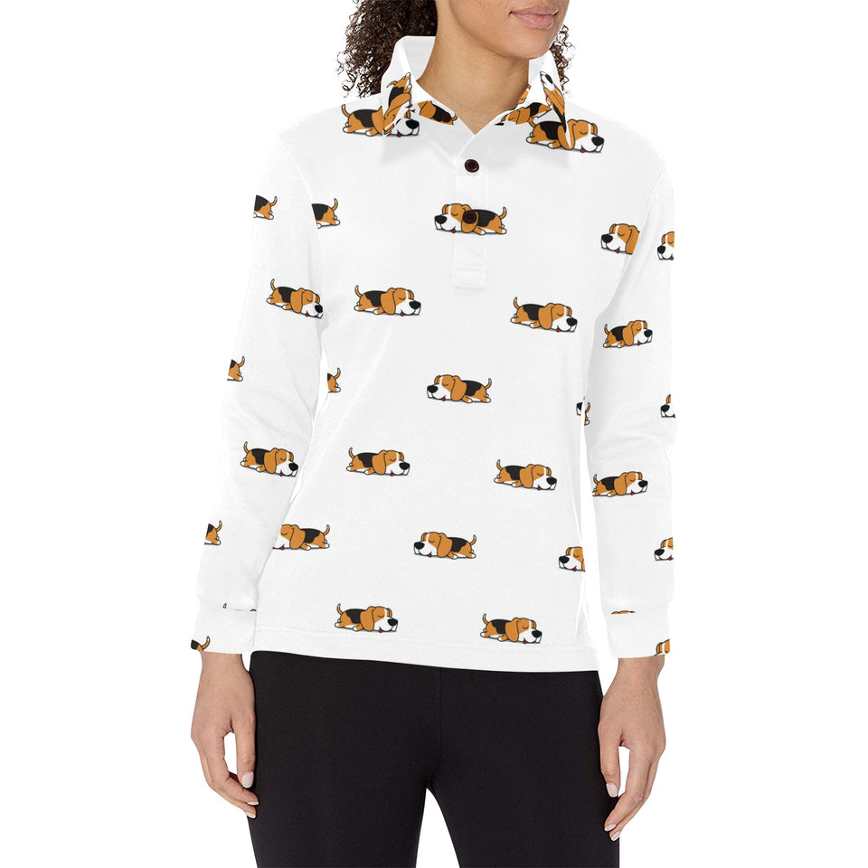 Cute beagle dog sleeping pattern Women's Long Sleeve Polo Shirt