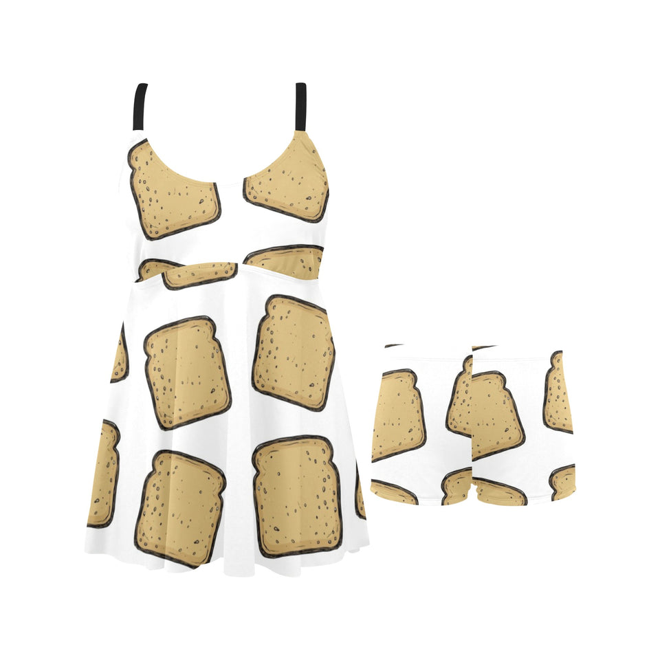 Bread Toast Pattern Print Design 03 Chest Sexy Pleated Two Piece Swim Dress
