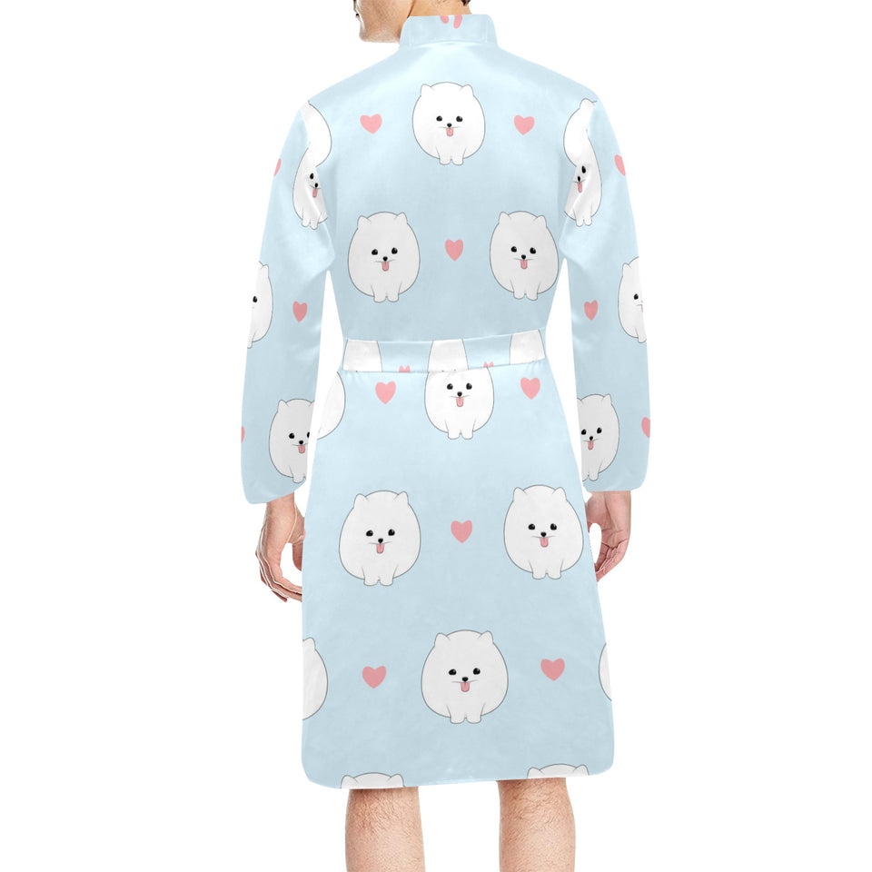 White cute pomeranian pattern Men's Long Sleeve Belted Night Robe