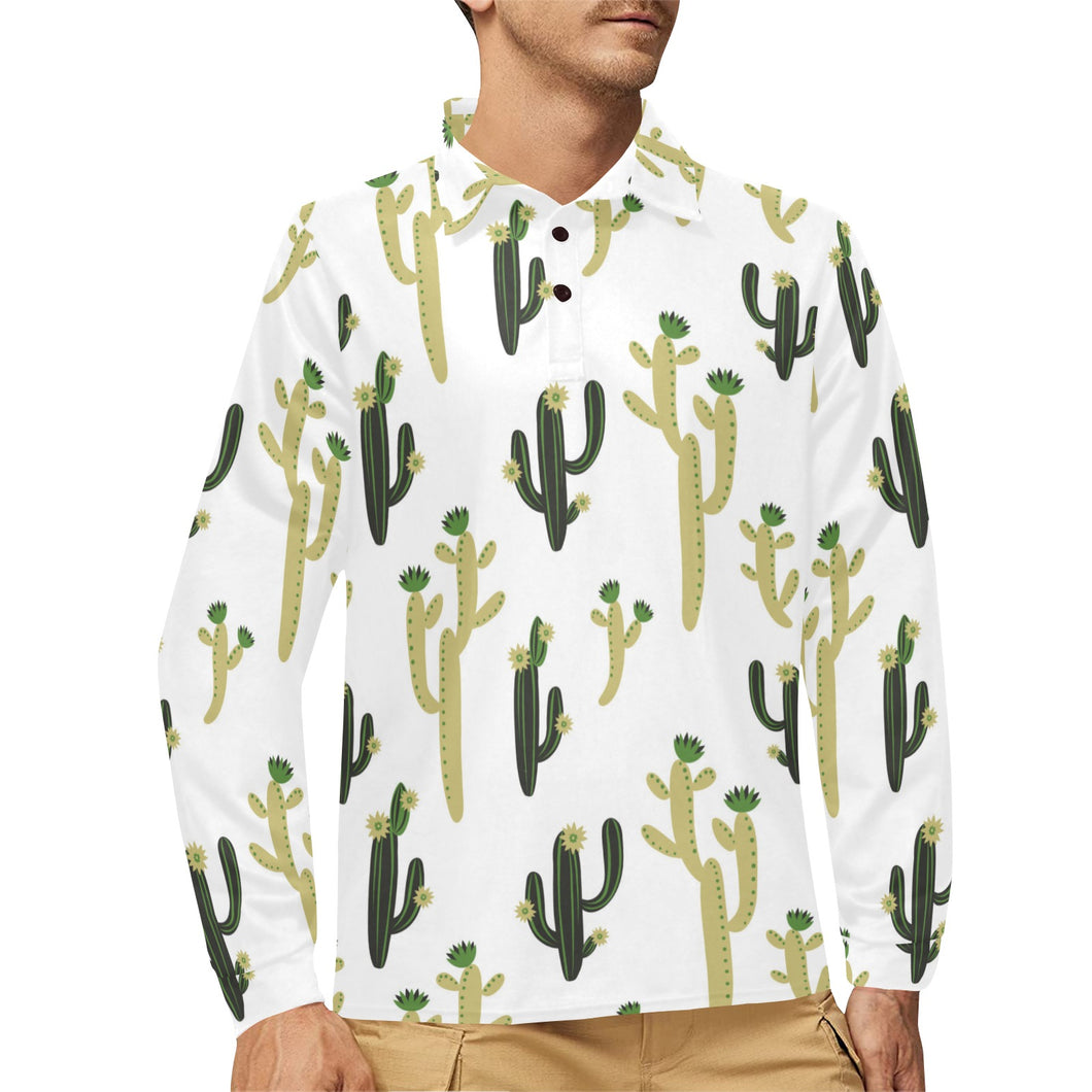 Cute cactus pattern Men's Long Sleeve Polo Shirt