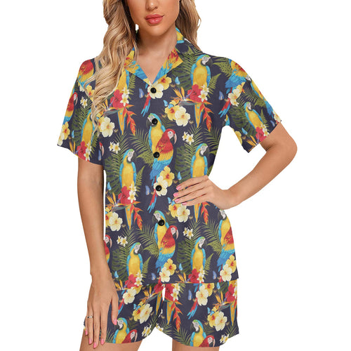 Colorful parrot flower pattern Women's V-Neck Short Pajama Set