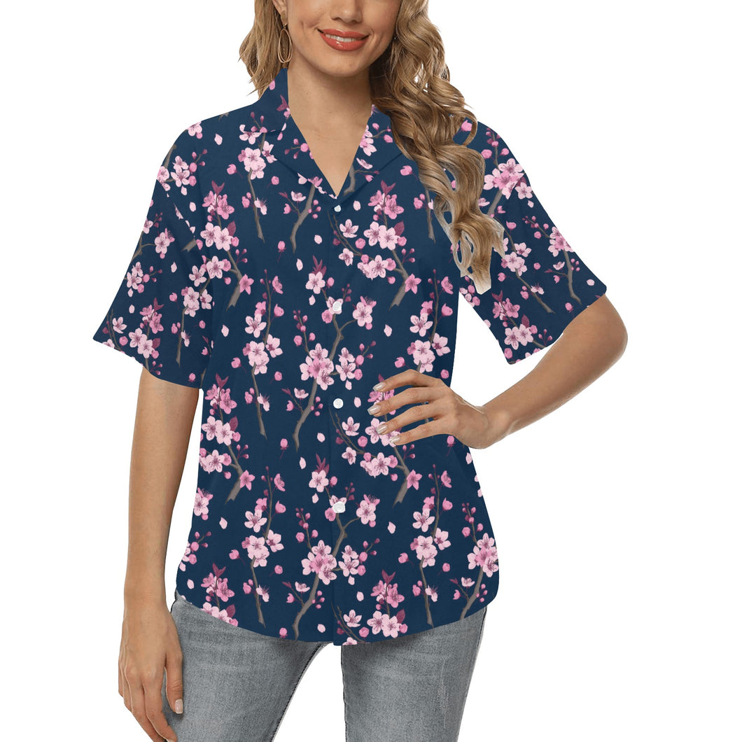 Pink sakura cherry blossom blue background Women's All Over Print Hawaiian Shirt