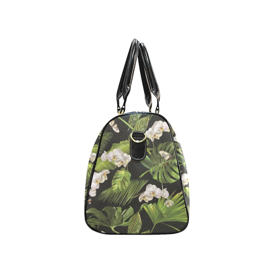 White orchid flower tropical leaves pattern blackg Travel Bag