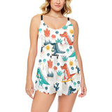 Cute Crocodile Pattern Chest Sexy Pleated Two Piece Swim Dress