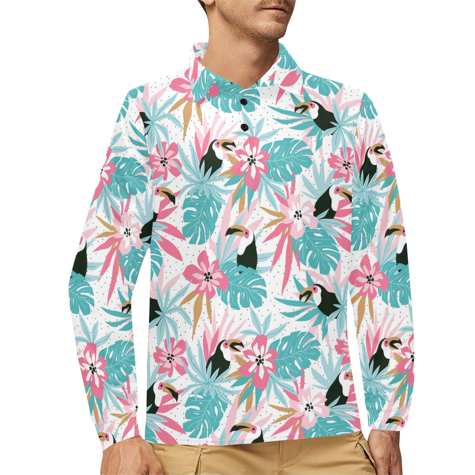 Toucan tropical flower leave pattern Men's Long Sleeve Polo Shirt