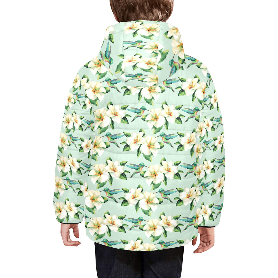 Hummingbird Pattern Print Design 01 Kids' Boys' Girls' Padded Hooded Jacket