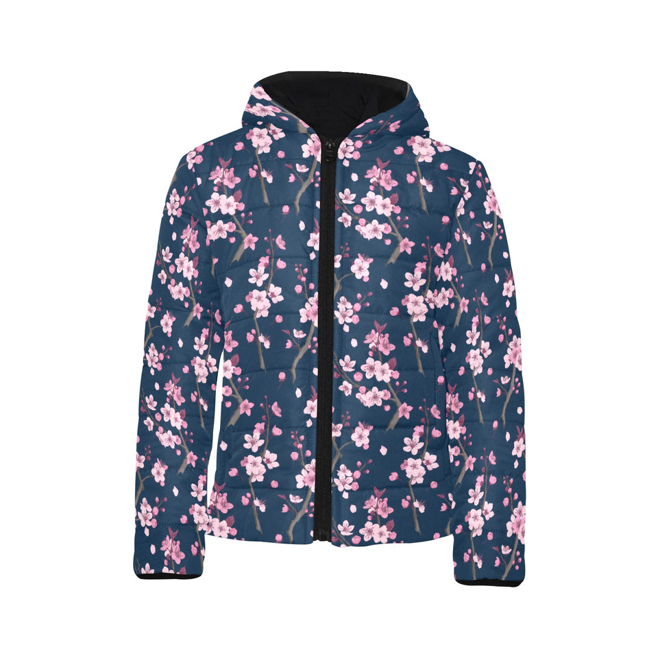 Pink sakura cherry blossom blue background Kids' Boys' Girls' Padded Hooded Jacket