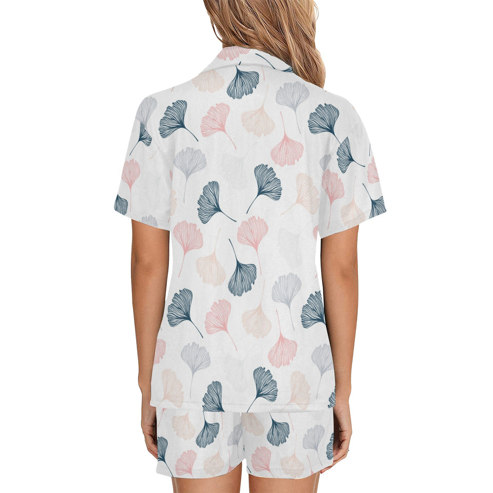 Black Gray Cream coral ginkgo leaves pattern Women's V-Neck Short Pajama Set