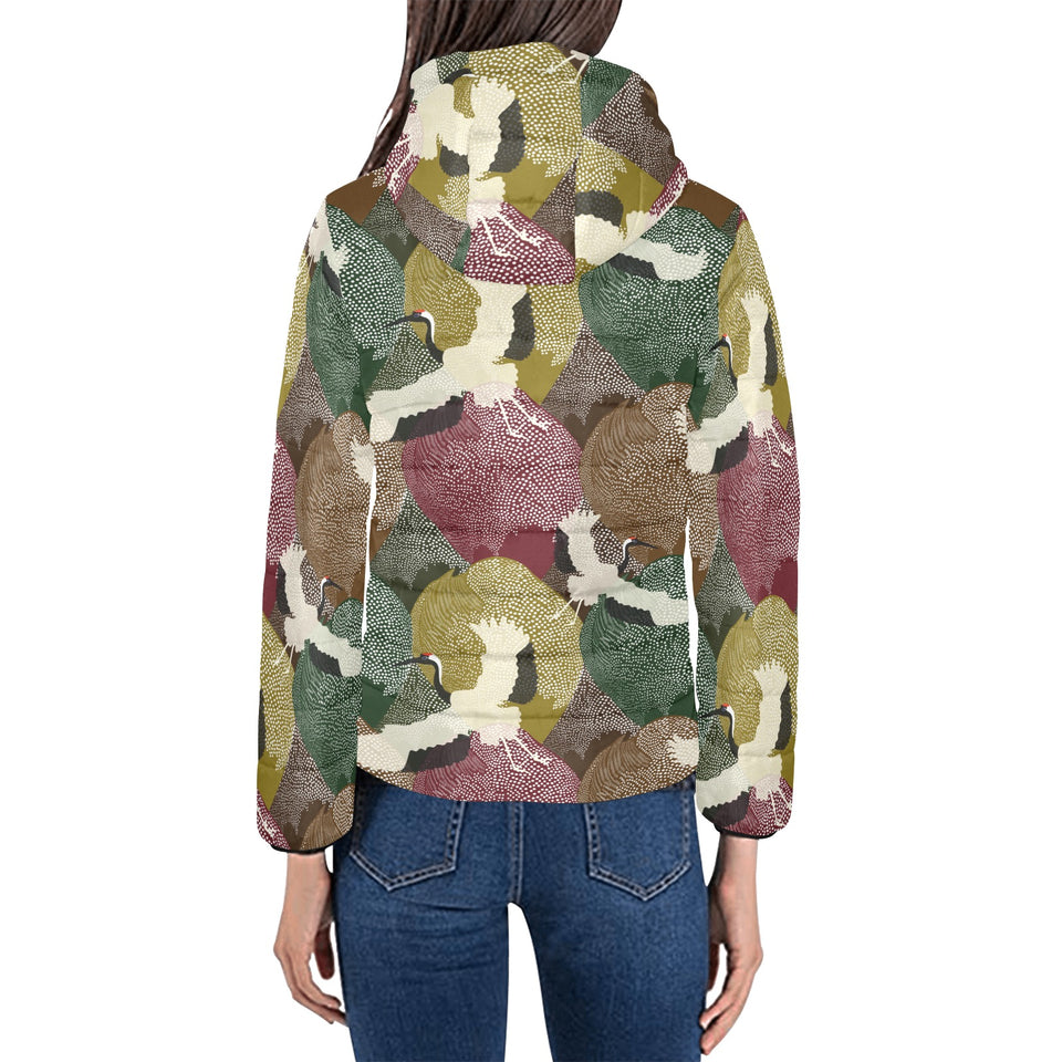 Japanese cranes flying forest dot pattern Women's Padded Hooded Jacket