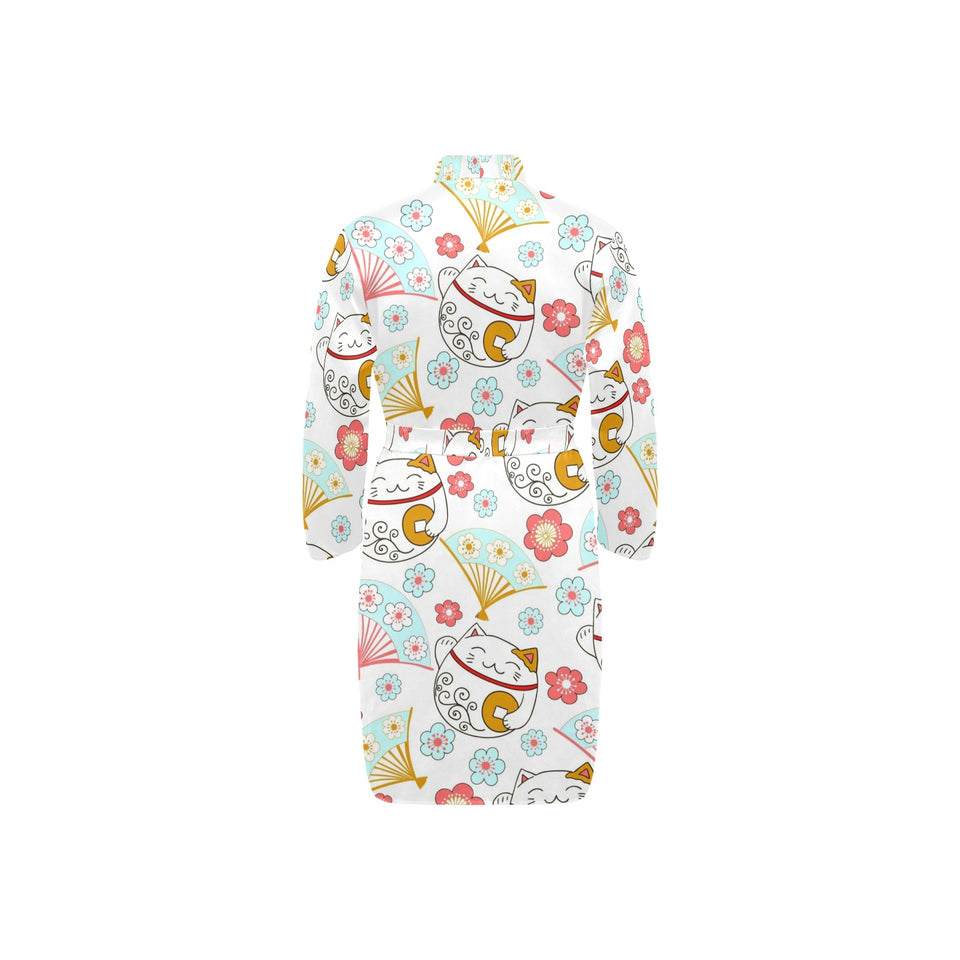 Maneki neko cat fan sakura Men's Long Sleeve Belted Night Robe
