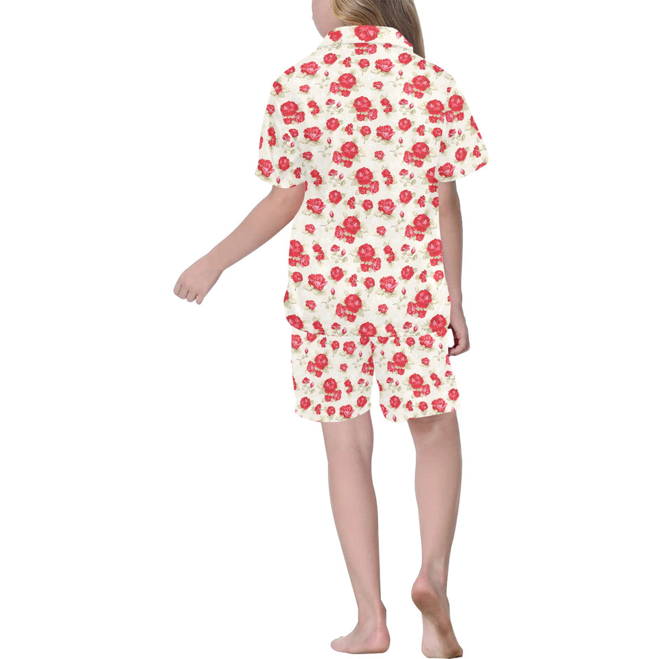 Rose Pattern Print Design 01 Kids' Boys' Girls' V-Neck Short Pajama Set