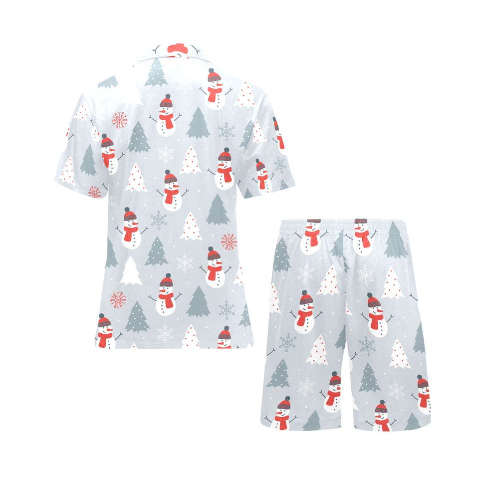 Snowman christmas tree snow gray background Men's V-Neck Short Pajama Set