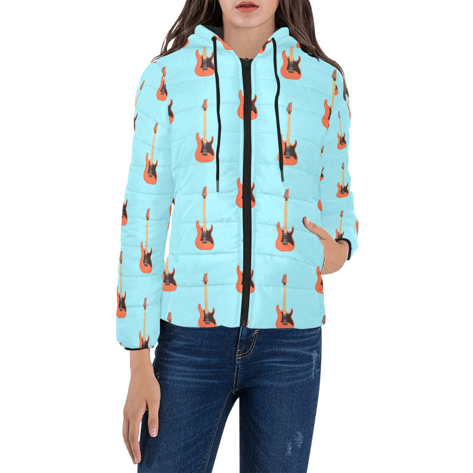 electric guitar pattern light blue background Women's Padded Hooded Jacket