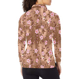 Pink sakura cherry blossom drak brown background Women's Long Sleeve Polo Shirt