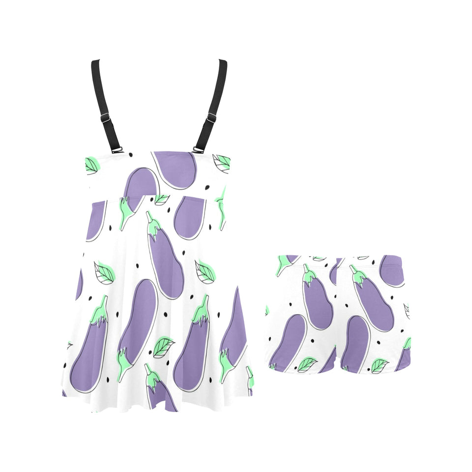 Eggplant Pattern Print Design 05 Chest Sexy Pleated Two Piece Swim Dress