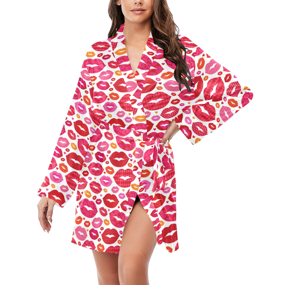 Lips Pattern Print Design 01 Women's Long Sleeve Belted Night Robe