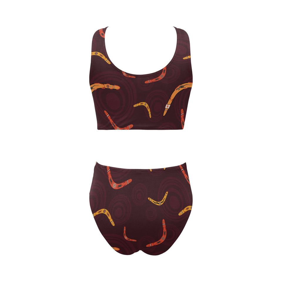Boomerang Australian aboriginal ornament circle bl Chest Bowknot High Waisted Bikini Swimsuit