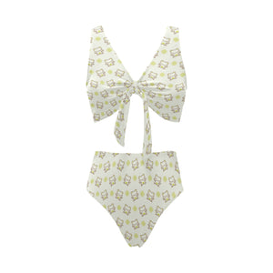Cute cartoon frog baby pattern Chest Bowknot High Waisted Bikini Swimsuit