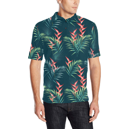 heliconia flowers, palm and monstera leaves on bla Men's All Over Print Polo Shirt