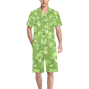 Broccoli pattern green background Men's V-Neck Short Pajama Set