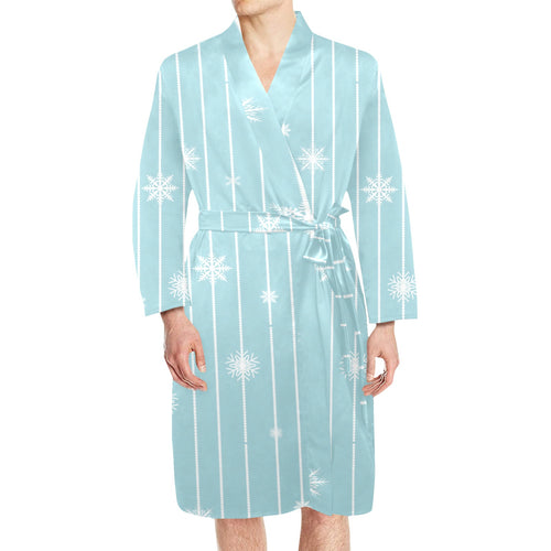 Snowflake pattern blue stripe background Men's Long Sleeve Belted Night Robe