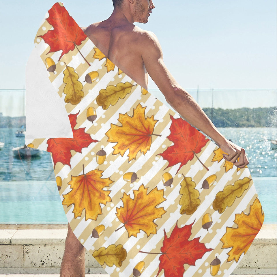 Maple leaf oak leaf acorns beige striped backgroun Beach Towel