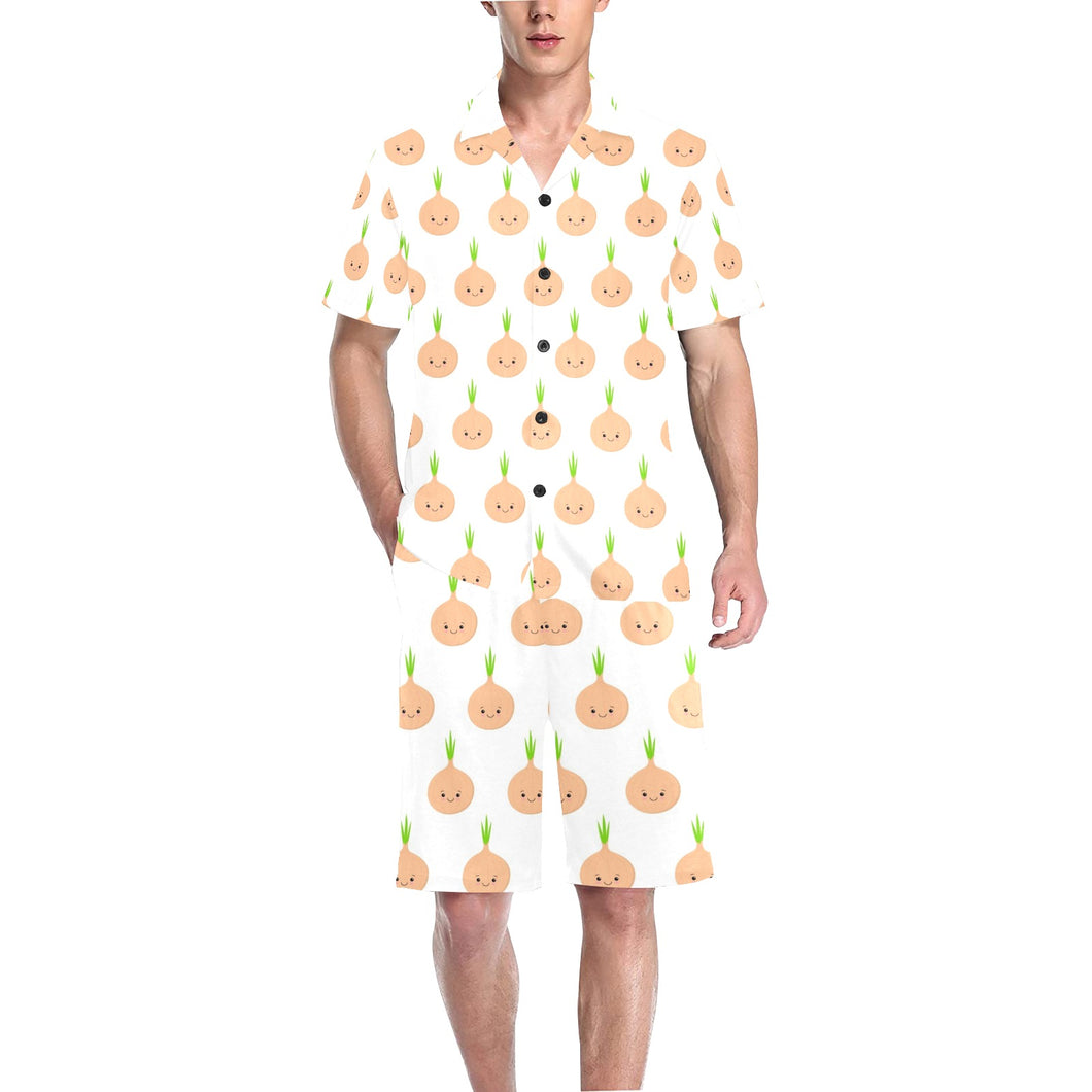 cute onions smiling faces Men's V-Neck Short Pajama Set