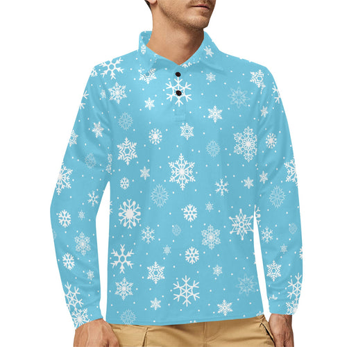 Snowflake pattern blue background Men's Long Sleeve Polo Shirt