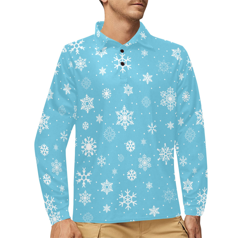 Snowflake pattern blue background Men's Long Sleeve Polo Shirt