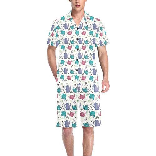 Tea pots Pattern Print Design 05 Men's V-Neck Short Pajama Set