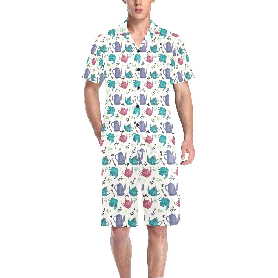 Tea pots Pattern Print Design 05 Men's V-Neck Short Pajama Set