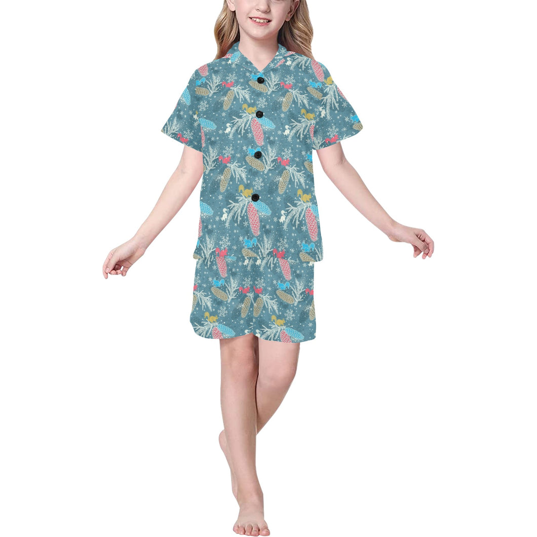 Squirrel Pattern Print Design 01 Kids' Boys' Girls' V-Neck Short Pajama Set