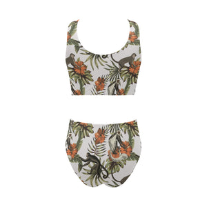 Monkey red hibiscus flower palm leaves floral patt Chest Bowknot High Waisted Bikini Swimsuit