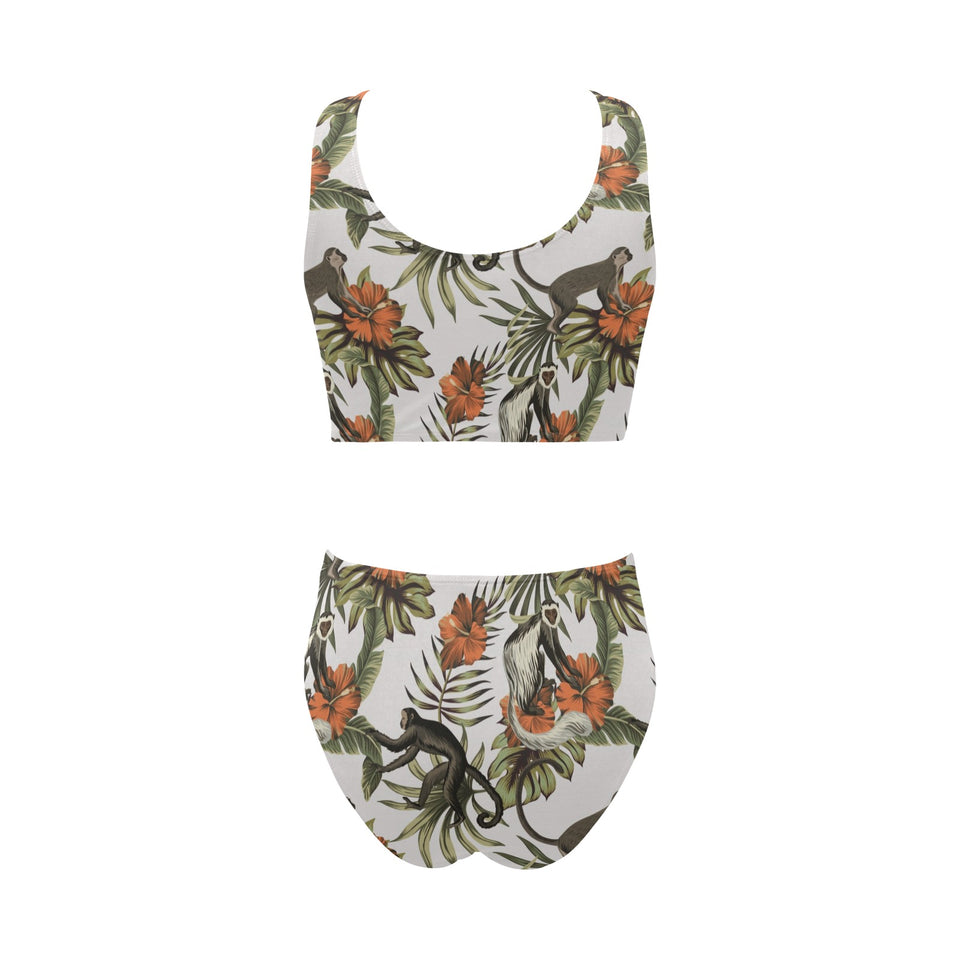 Monkey red hibiscus flower palm leaves floral patt Chest Bowknot High Waisted Bikini Swimsuit