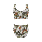 Monkey red hibiscus flower palm leaves floral patt Chest Bowknot High Waisted Bikini Swimsuit