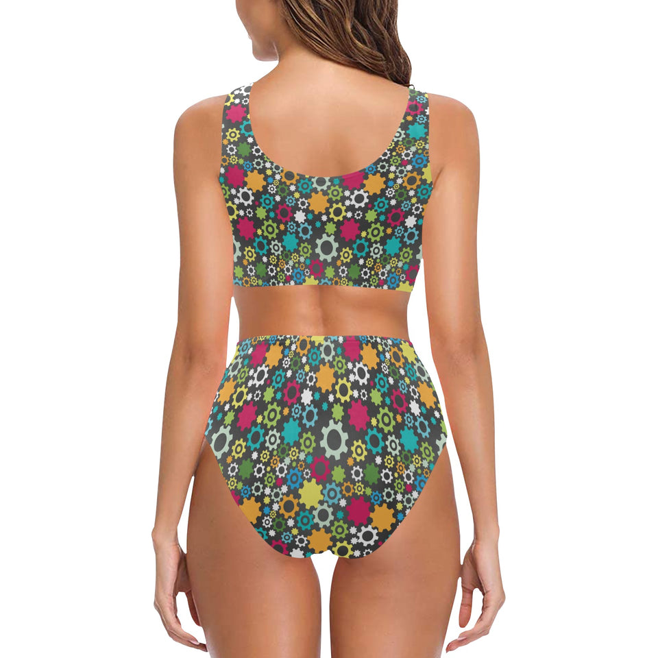 Gear Pattern Print Design 03 Chest Bowknot High Waisted Bikini Swimsuit